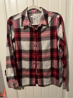Foxcroft Red Gray Plaid Collared Shirt